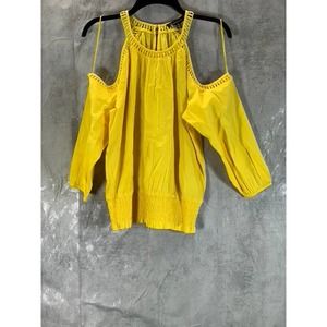 INC International Concepts Women's Mustard Cold-Shoulder Cutout Smocked Top SZ S